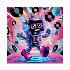 A Vibrant, Neon Lit Cartoon Style Animated Gif Featuring A Retro Futuristic Robot With Shiny Metallic Skin, Glowing Blue Circuits, And Neon Pink Accents, Busting Energetic Dance Moves Canvas Print