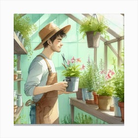 Gardener In Greenhouse Canvas Print