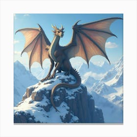 A Majestic Dragon Perched Atop A Snowy Mountain, Wings Spread Wide Canvas Print