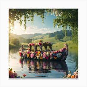 Floral Serenity Boat Of Blossoms On A Tranquil River Canvas Print