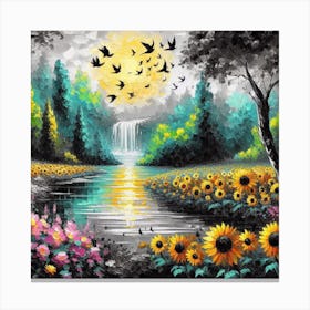 Sunflowers By The Waterfall Canvas Print