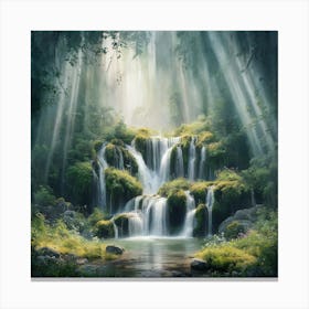 A Tranquil Retreat Watercolor Painting Of A Forest Waterfall (1) Canvas Print