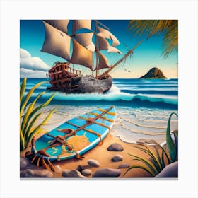Beach Scene Sailing Ship Wreck In The Foregroun Canvas Print
