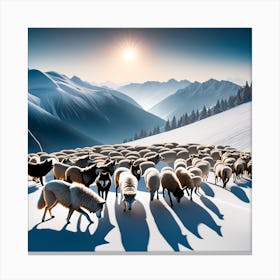 Herd Of Sheep In The Snow Canvas Print