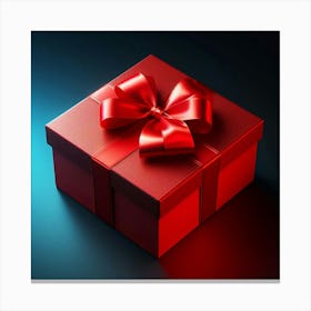 A beautiful red gift box with a shiny red ribbon wrapped around a separate lid with a bow on top, sitting on a dark blue surface with a spotlight shining on it from the top left corner Canvas Print