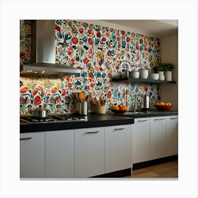 Kitchen With Floral Wallpaper Canvas Print