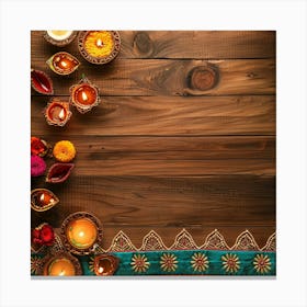 Diwali Themed Wooden Table From Above Showcasing 1 Canvas Print