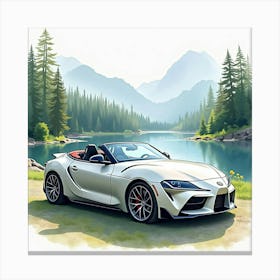 High End Sports Car By A Serene Lake, Watercolor Painting 1 Canvas Print