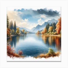 Autumn Lake: A Realistic and Relaxing Watercolor Painting of a Tranquil Landscape Canvas Print