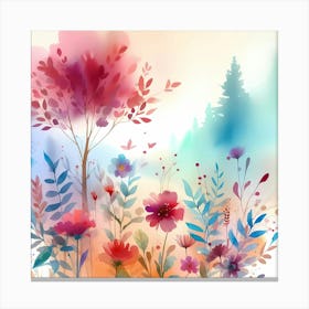 Watercolor Flowers And Trees 1 Canvas Print