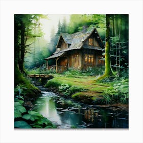 Watercolor Cottage In Emrald Green Forest Studio Photography Complex Details High Detail Canvas Print