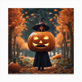 Halloween Girl With Pumpkin Canvas Print