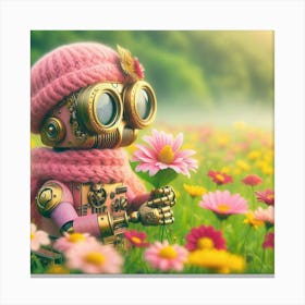 Pink Robot In A Field Of Flowers Canvas Print