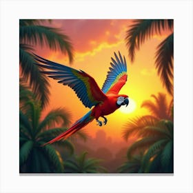 A Parrot With Rainbow Colored Plumage Flying Through A Tropical Sunset Canvas Print