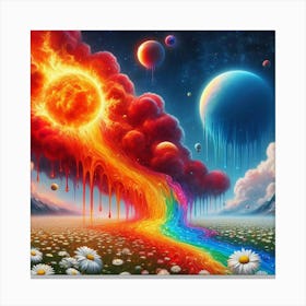 A Red Cloud, Blue Rainbow And Fiery Planets Melting Over A Field Of Daisies 3 Canvas Print