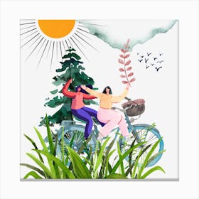 Illustration Of Two People On A Bicycle Canvas Print