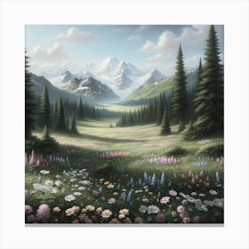 Alpine Meadow With Snow Capped Peaks Vintage  Canvas Print