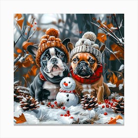 French Bulldogs With Snowman Canvas Print