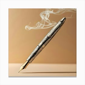 A Vintage Inspired, Ornate Pen With An Intricately Carved Antique Silver Body And A Delicate Clip, Transformed Into A Functional Lighter, Suspended In Mid Air Against A Warm, Beige Background 3 Canvas Print