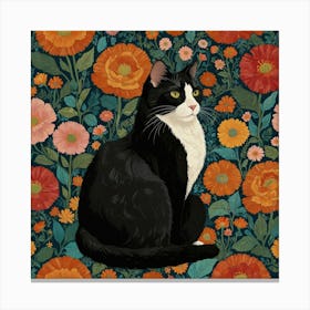 Black And White Cat In Flowers 1 Canvas Print