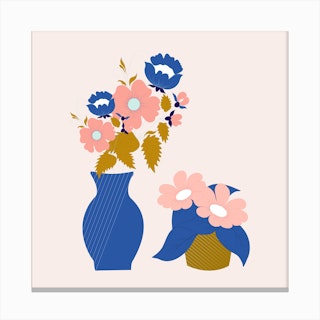 Pink Blue And Gold Vases With Flowers 2 Canvas Print