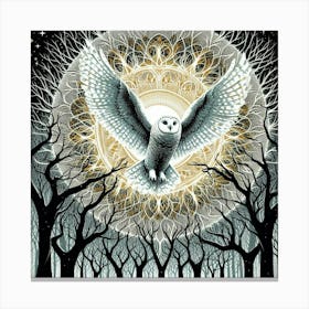 Silkscreen Art: Metaphysical Painting of White Owl in Oliver Vernon Style, Glowing Owls by Hugo Pratt, Printing Techniques by Alison Kinnaird, Sylvia Wishart, and Malcolm Morley Canvas Print