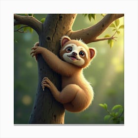 A Playful Baby Sloth Hanging From A Tree 1 Canvas Print