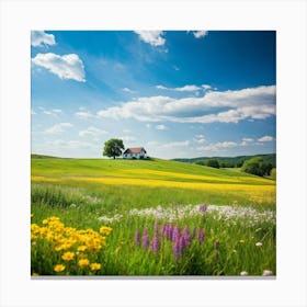 A Countryside Landscape Bathed In Sunlit Brilliance With A Solitary House Modern Minimalist Set (1) Canvas Print