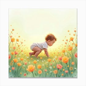 Watercolor Baby Crawling Through A Field Of Pastel Flowers In Soft Sunlight Canvas Print