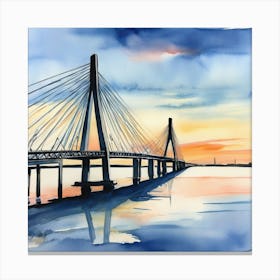 Accurate drawing and description. Sunset over the Arthur Ravenel Jr. Bridge in Charleston. Blue water and sunset reflections on the water. Watercolor.5 Canvas Print