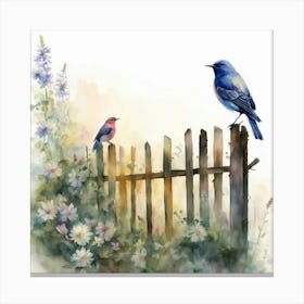 Bluebirds On A Fence Canvas Print