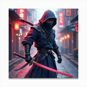 Ninja Fighter With A Watercolor Neon Drenched Street 1 Canvas Print