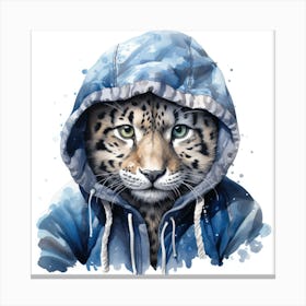 Watercolour Cartoon Snow Leopard In A Hoodie 1 Canvas Print