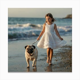 Little Girl With Pug On Beach Canvas Print