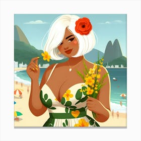 Rio De Janeiro Beautiful Woman with Short White Hair, Dress and Flowers Canvas Print