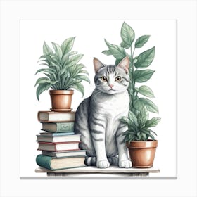 Cat On Bookshelf Canvas Print