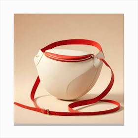 A White And Red Fanny Pack With A Unique, Rounded Shape Against A Light Peach Background Canvas Print