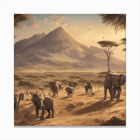 Elephants In The Savannah Canvas Print