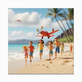 Hawaii Happy Family And Beach With Happy Children Running Toy Airplane And Freedom 3 Canvas Print