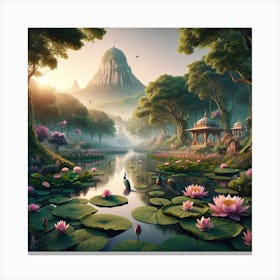 A Tranquil And Enchanting View Of The Vrindavan Forest, Featuring A Serene Lotus Pond And The Iconic Govardhan Hill Canvas Print