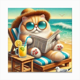 Sun Kissed Whiskers A Funny Cat Relaxing On The Beach With A Newspaper Art Print Canvas Print