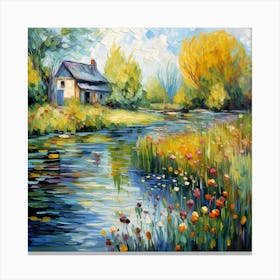 Riverside Bloom: A Brushstroke Tale of Serenity Canvas Print