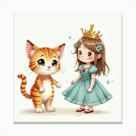 Watercolor Ragdoll Cat And A Girl Dressed In A Princess Costume Canvas Print