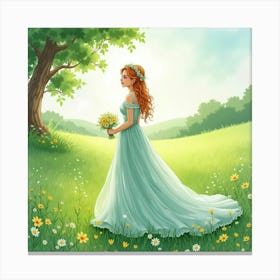 Charming Gown Watercolor, In A Lush Green Countryside 1 Canvas Print