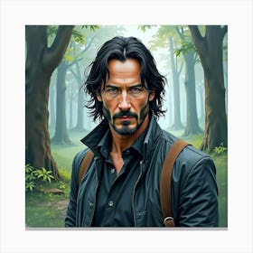 Watercolor Portrait Of Keanu Reeves In A Misty, Mystical Forest Setting Canvas Print