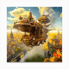 Steampunk airship cruising the river 1 Canvas Print