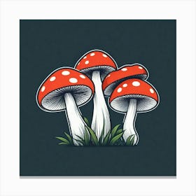 Three Mushrooms On Grass Canvas Print