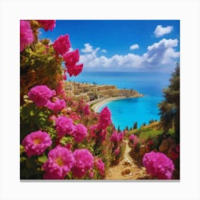 Pink Flowers By The Sea 1 Canvas Print