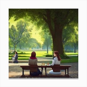 Two Women Sitting On A Bench Canvas Print