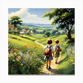 Two Children Walking Down A Path Canvas Print